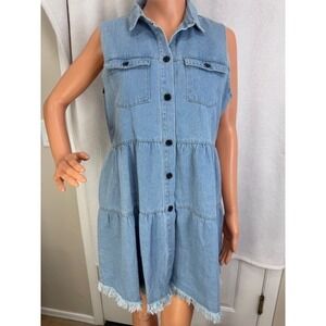 umgee sleeveless pocket button down raw hem denim jean short dress Size M